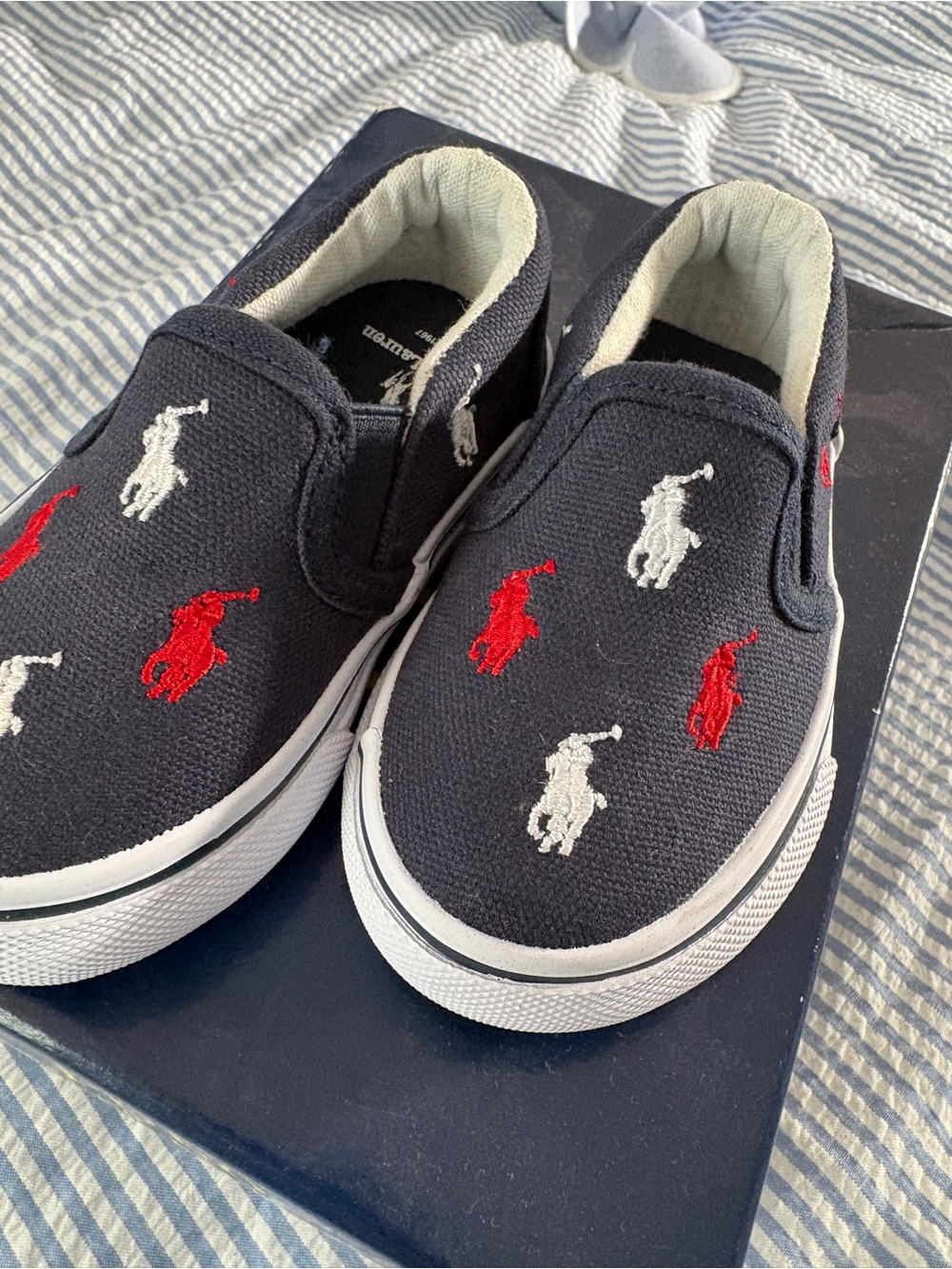 Polo by Ralph Lauren Navy Kids Slip-On Sneakers with Red & White Polo Logos
